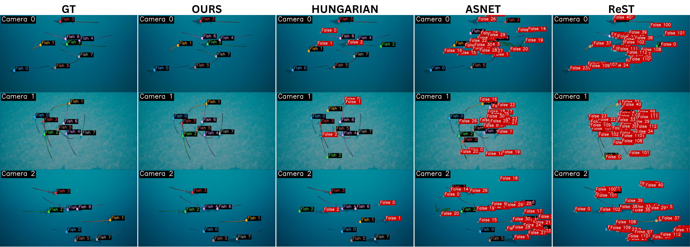 Qualitative trajectory comparison on SynFish test scenes.